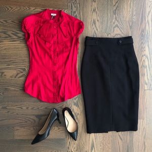 Fitted Red Button Down Top with Ruffles